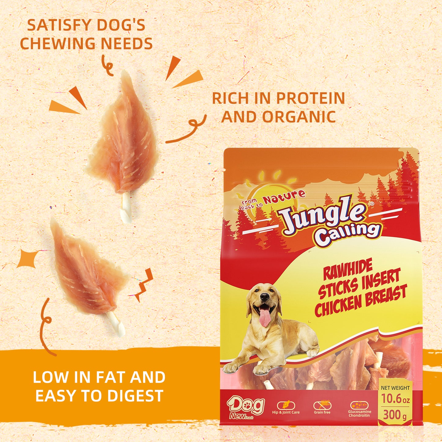 Chicken Jerky Wrapped Rawhide Chew Sticks, Long Lasting Chewing Food with Glucosamine and Chondroitin for Hip and Joint Health