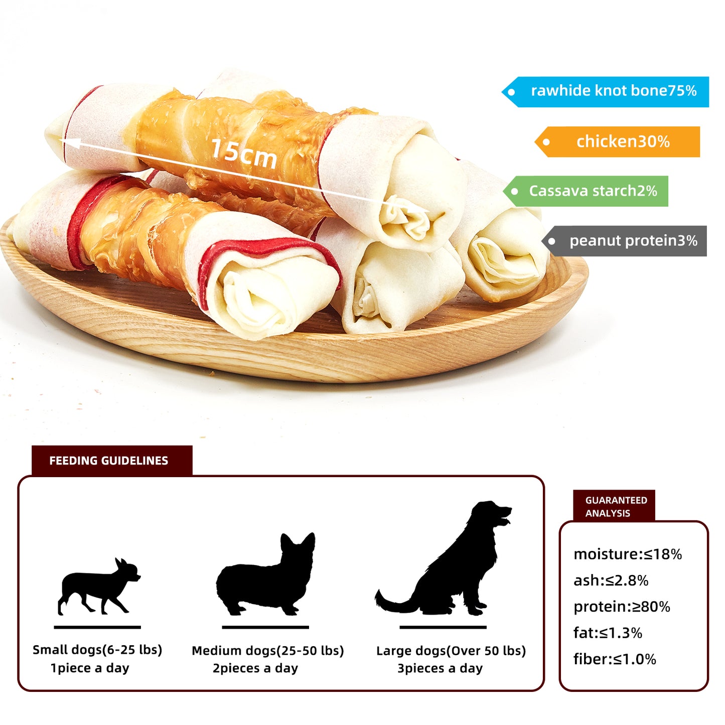 Chicken Wrap Knotted Bones Dog Chews 6.5" , Long Lasting Beefhide Treats Real Chicken Wrap Rawhide Bones for Large Dogs Training Treats (3 Packs)