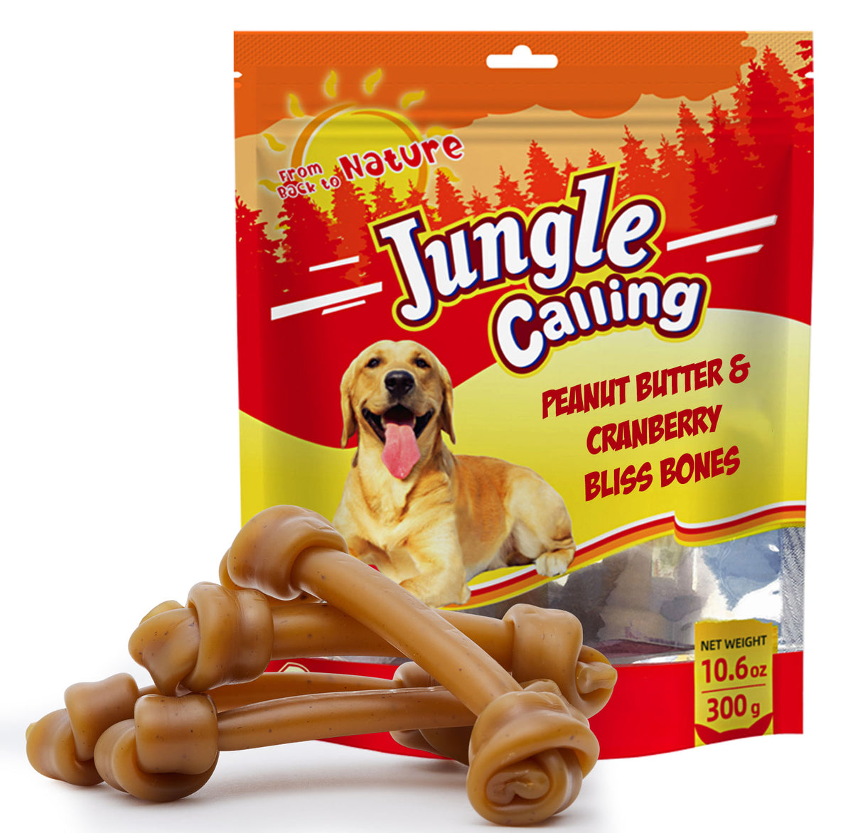 Jungle Calling Rawhide Free Dog Treats, 6.5 Inch Peanut Butter Bone Chews (packaging)