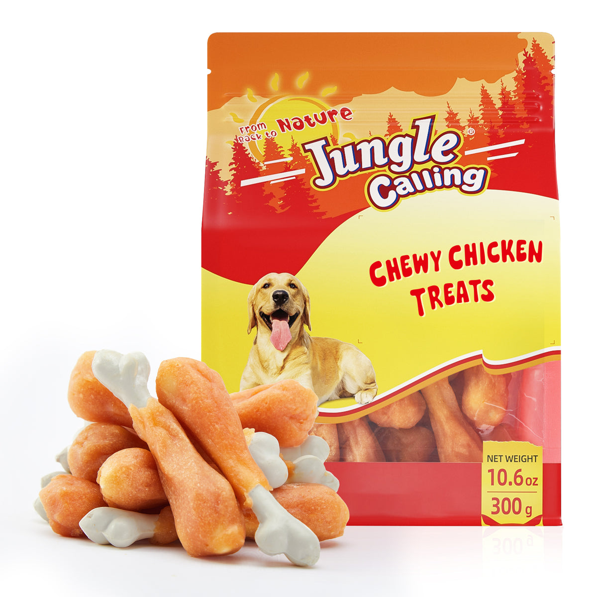 Jungle Calling Chewy Chicken Calcium Dog Treats, Rawhide Free Bone, 10.6 oz (packaging)