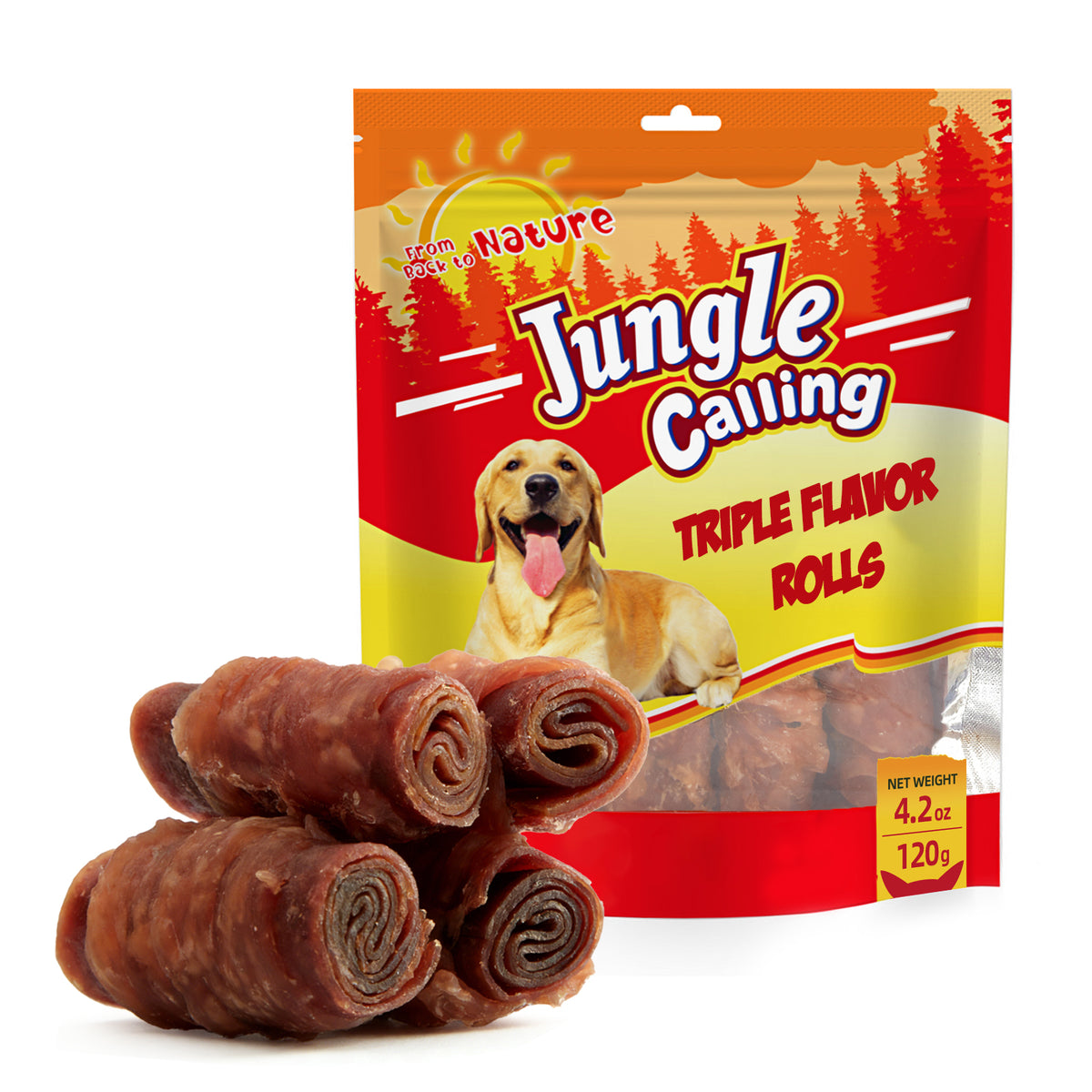 Jungle Calling Triple Flavor Rolls Dog Treats,Real Chicken Duck Beef Meat, Rawhide Free Dog Snacks, 4.2OZ