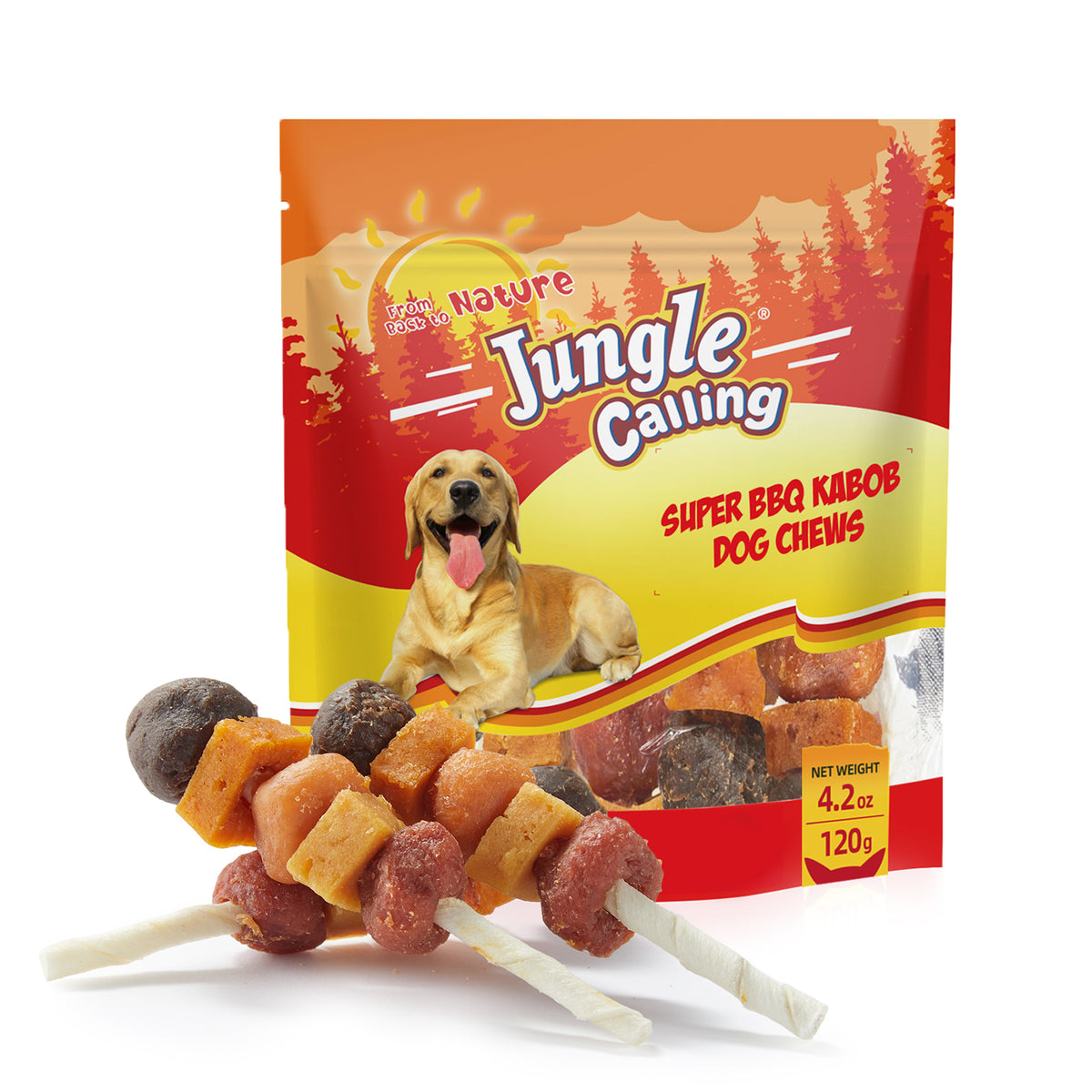 Jungle Calling Dog Treats, Snacks Kabobs, Chicken,Duck, Beef, Sweet Potato & Pumpkin,Rawhide Sticks, 4.2 oz