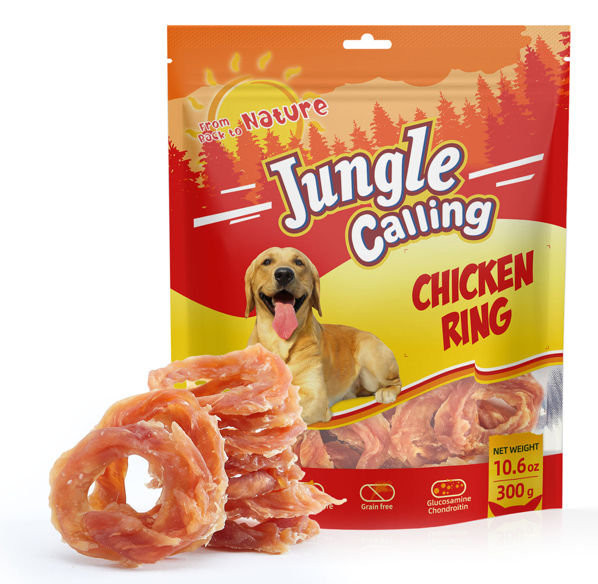 Jungle Calling Chicken Jerky Rings with Glucosamine, Hip and Joint Support (packaging)