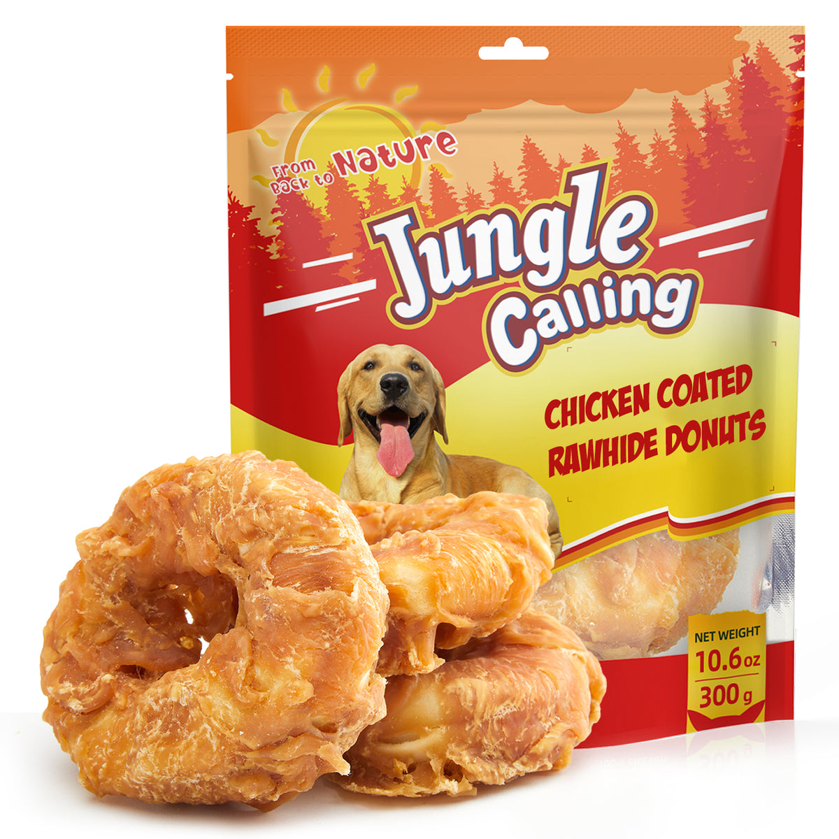 Jungle Calling Chicken Wrapped Rawhide Chew Donuts for Medium & Large Dogs (packaging)