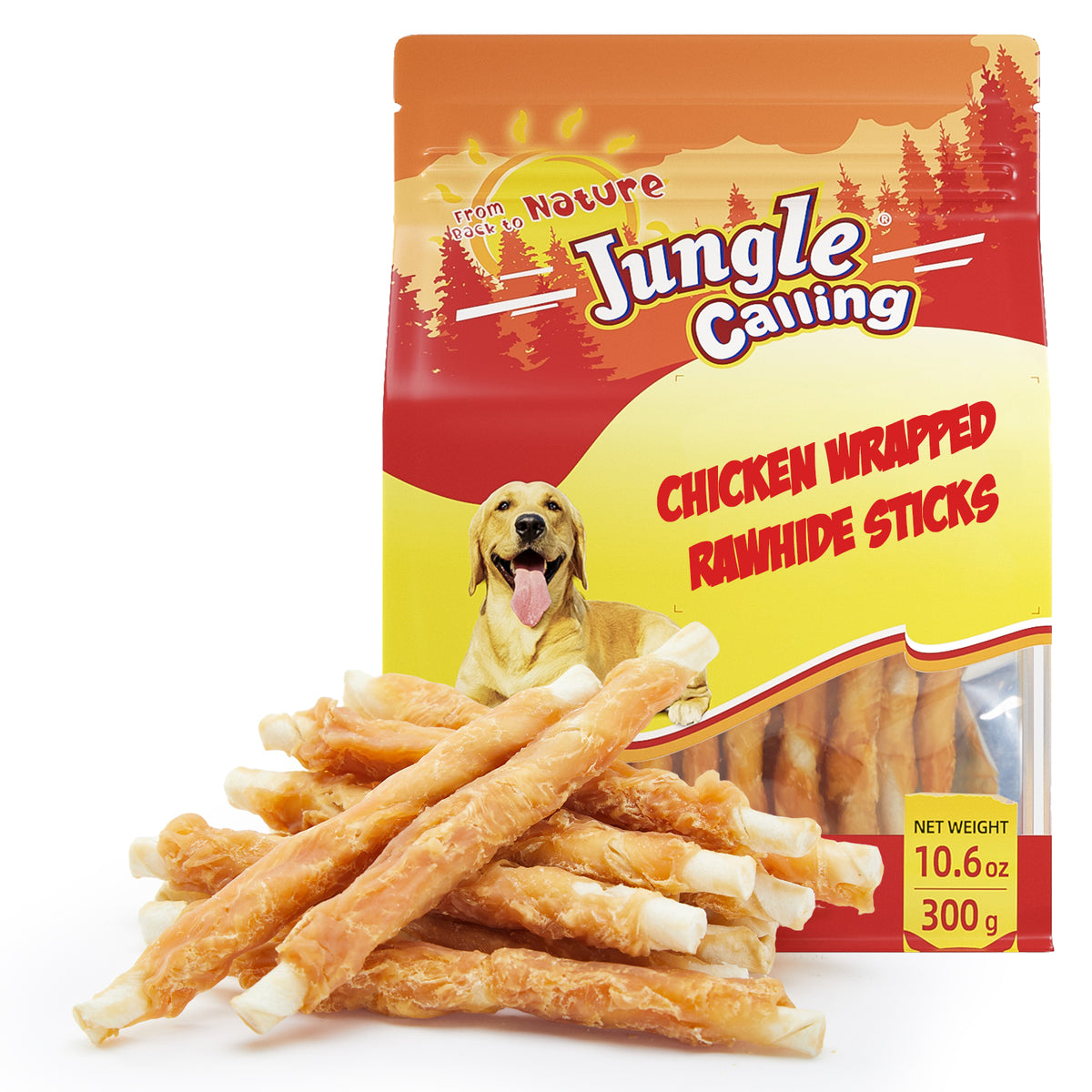 Jungle Calling Chicken Wrapped Rawhide Sticks for Small Dogs, 10.6 oz (packaging)