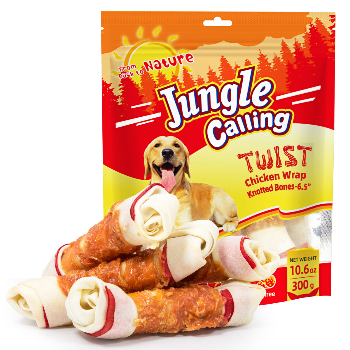 Jungle Calling Chicken Wrapped Rawhide Knot Bones, Long Lasting Dog Chews (packaging)