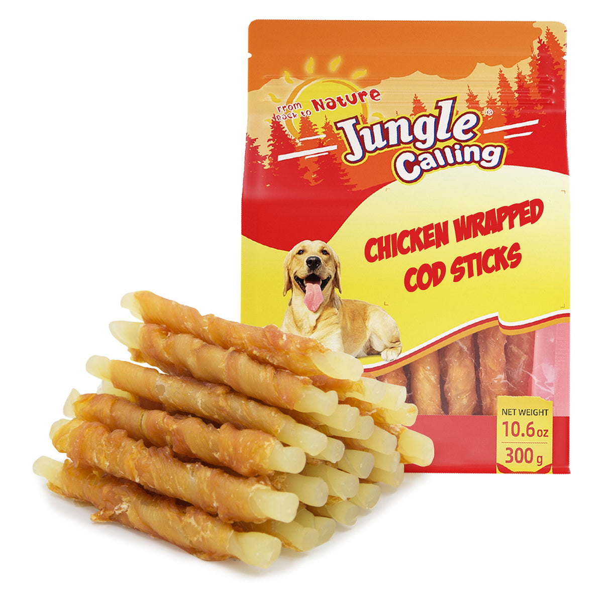 Jungle Calling Rawhide Free Dog Treats, Chicken Wrapped Cod Sticks, 10.6 oz (packaging)