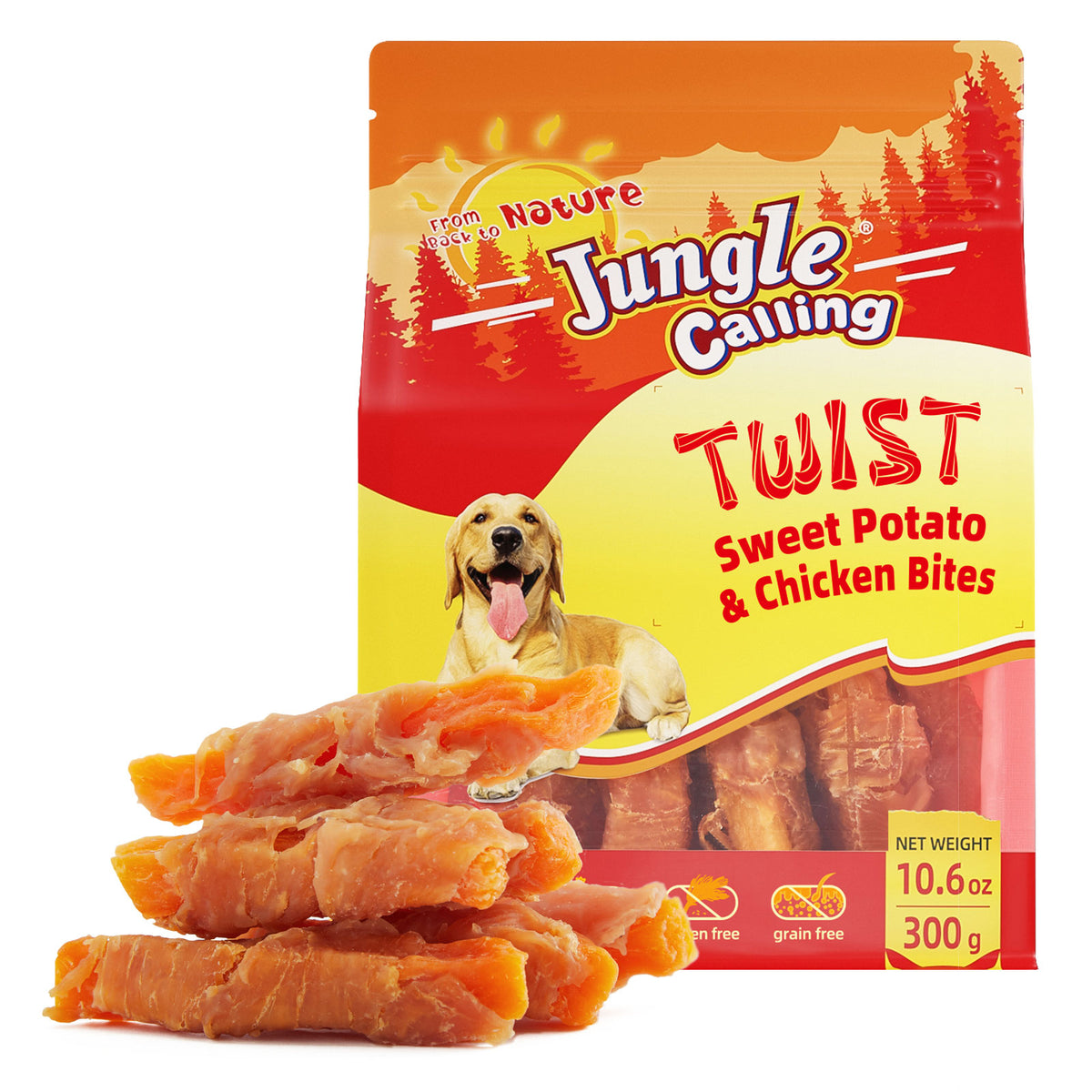 Jungle Calling Chicken & Sweet Potato Treats, Fiber-Rich, Digestible Chews (packaging)