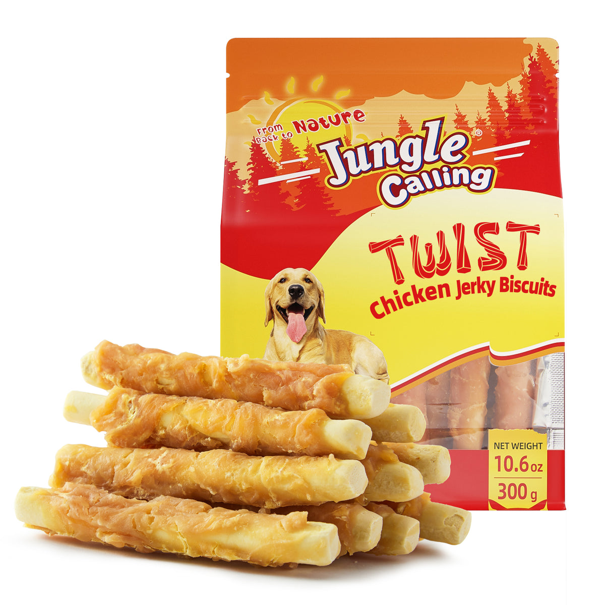 Jungle Calling Chicken Wrapped Biscuit Twists, Rawhide Free Dog Treats (packaging)