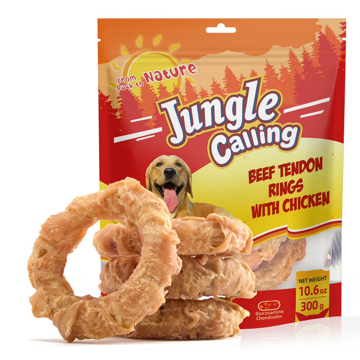 Jungle Calling Chicken Wrapped Beef Tendon Rings, Hip and Joint Support (packaging)