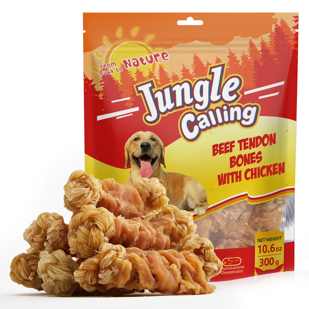 Jungle Calling Chicken Wrapped Beef Tendon Bones, Hip and Joint Support (packaging)
