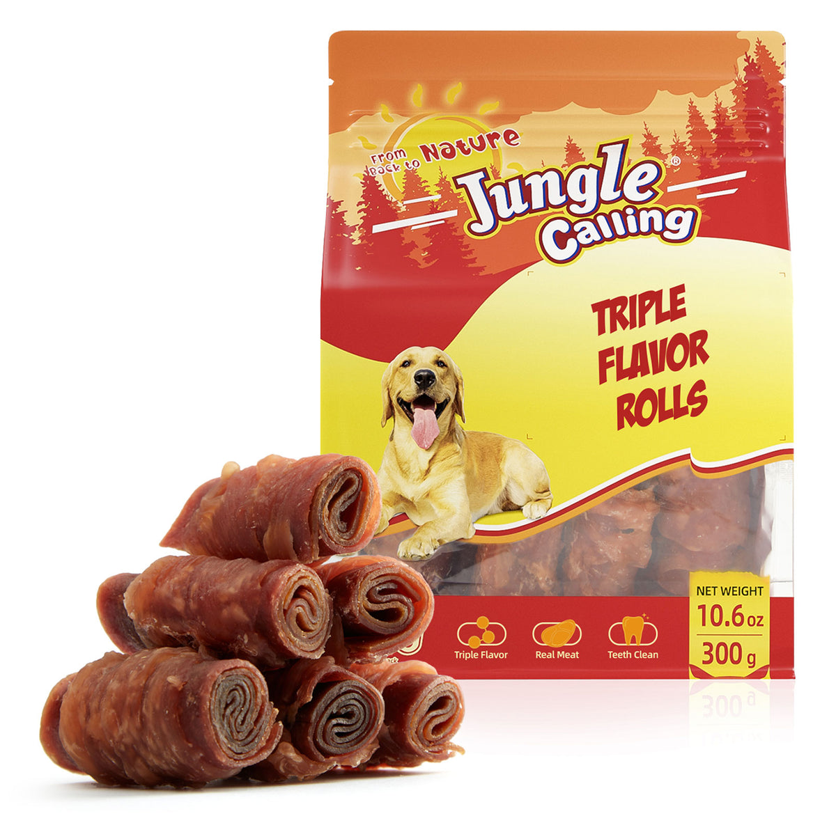 Jungle Calling Triple Flavor Rolls Dog Treats, Chicken Duck & Beef, 10.6 oz (packaging)