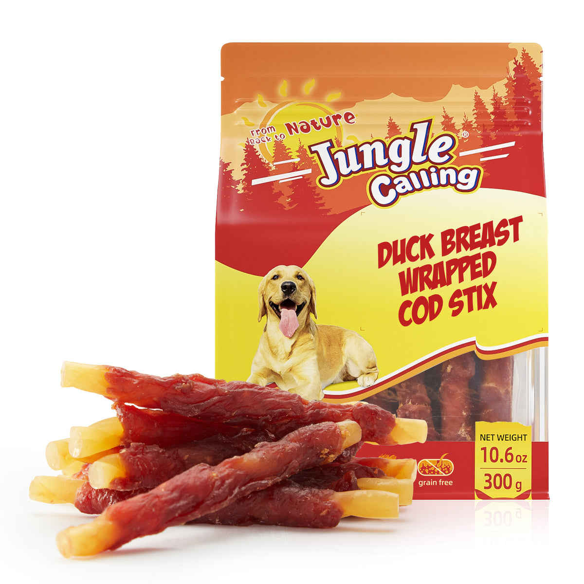 Jungle Calling Duck Wrapped Dog Treats, Rawhide Free Cod Sticks, 10.6 oz (packaging)