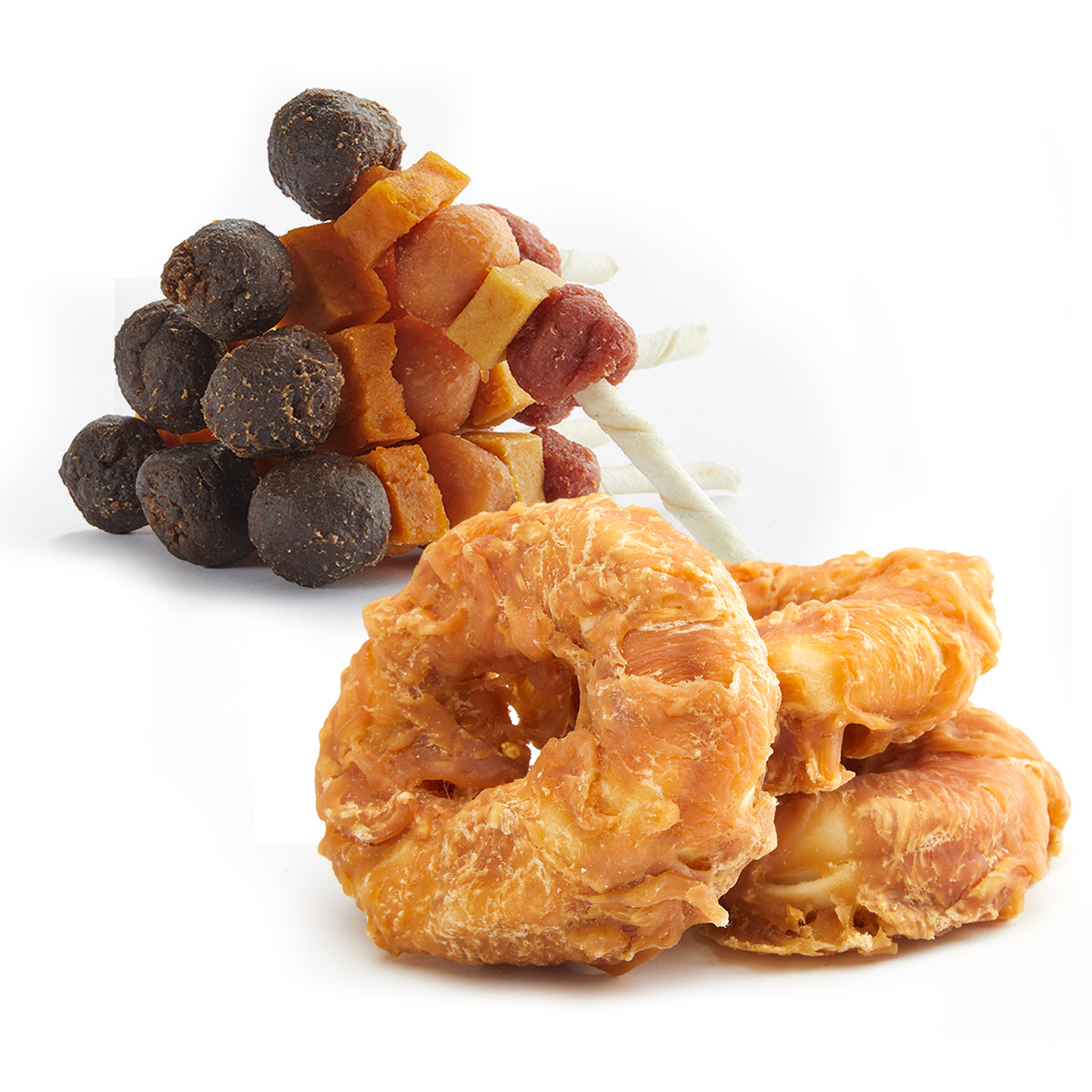 Chicken donut chews and multi-flavor kabobs variety pack