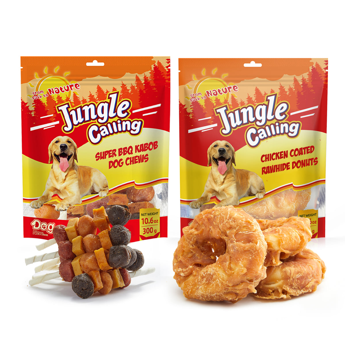 Jungle Calling chicken donuts and kabobs packaging