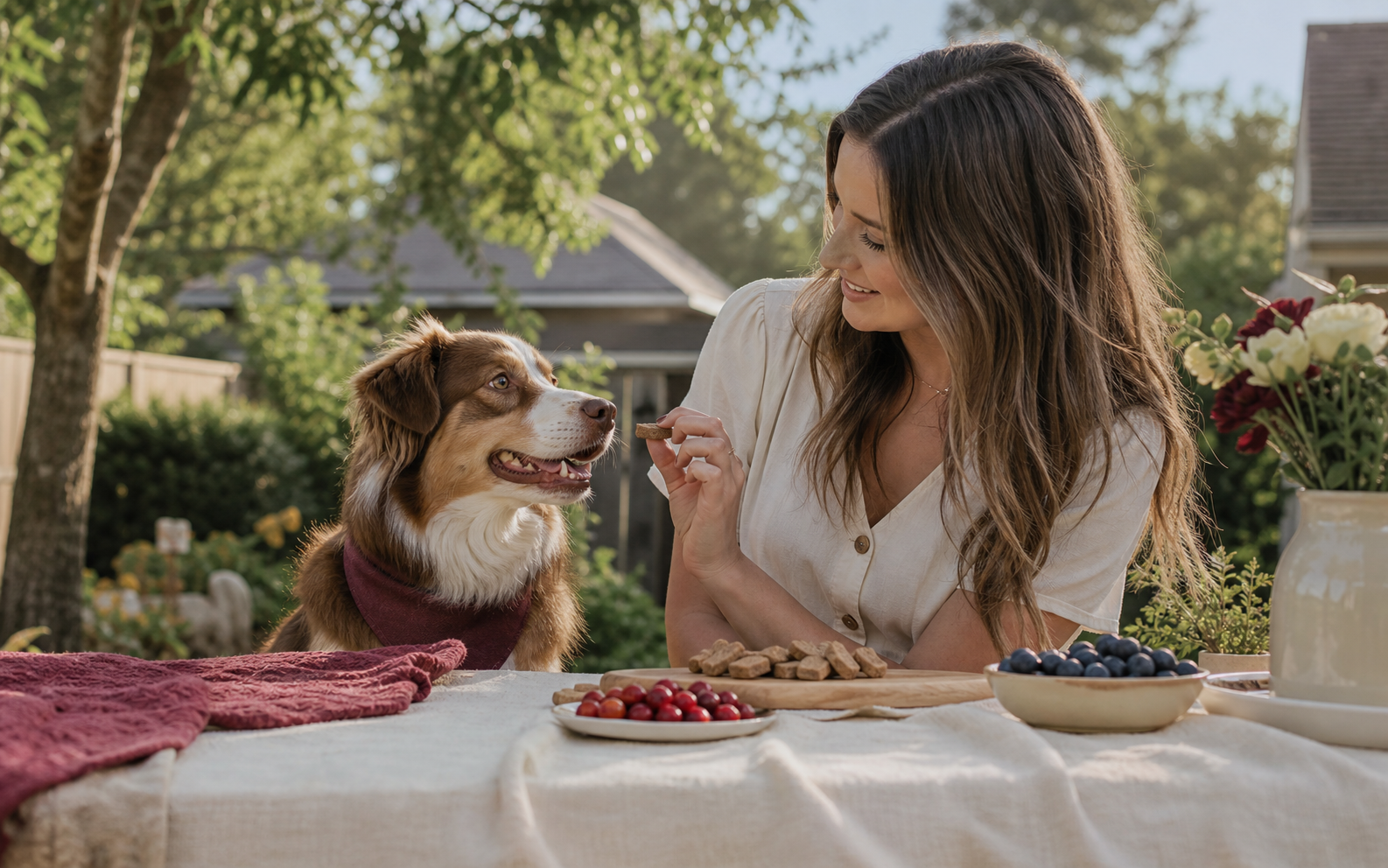 Dog and owner sharing a backyard picnic moment.