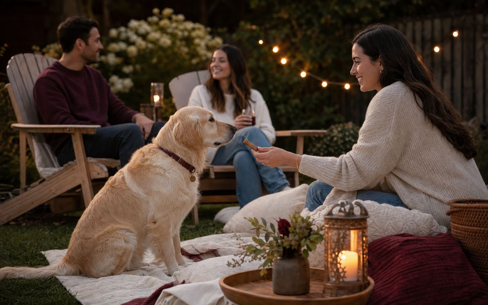 A dog and person sharing a quiet evening outdoors.