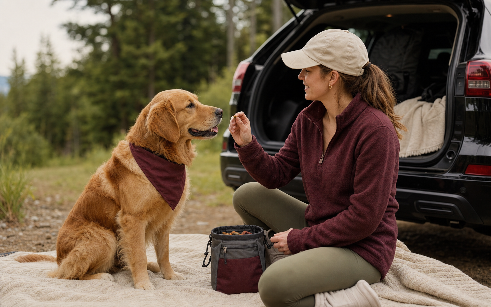 Dog and owner pausing together at an outdoor trailhead.