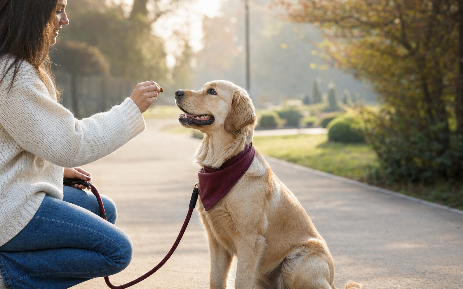 Dog returning to an owner during a park outing.