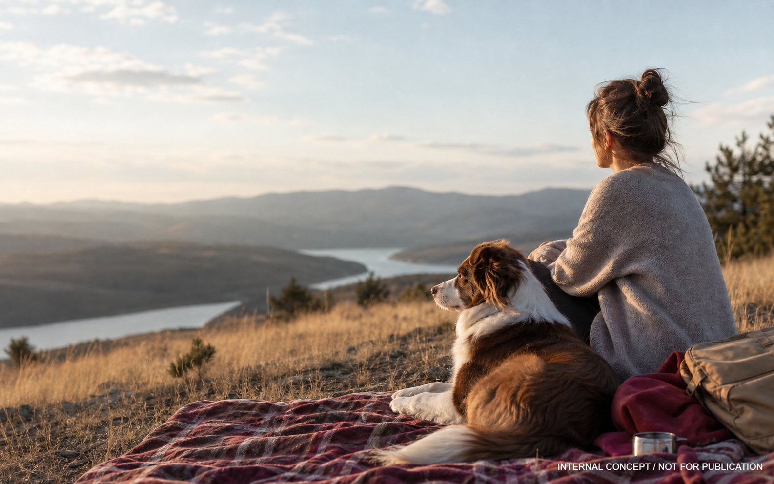 A dog and person pausing together on a day outdoors.
