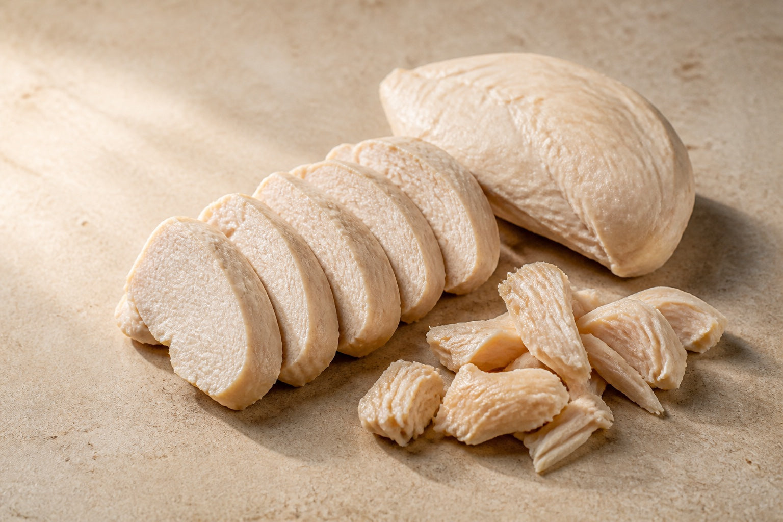 Plain cooked chicken presented as an ingredient still life.