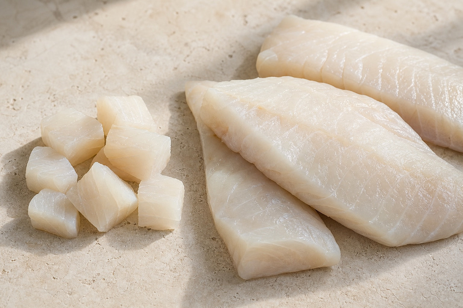 Plain cod presented as an ingredient still life.