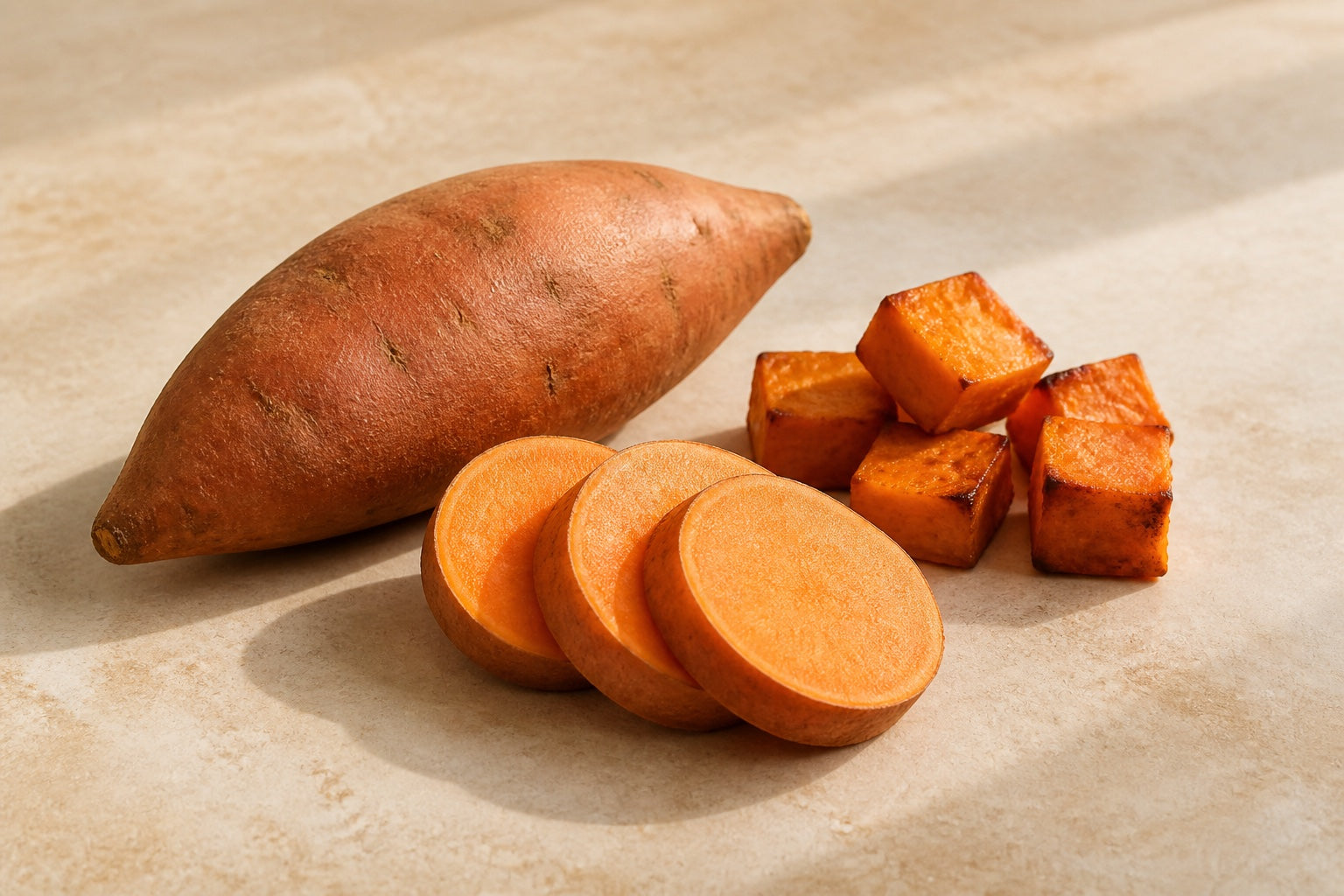 Sweet potato pieces presented as an ingredient still life.